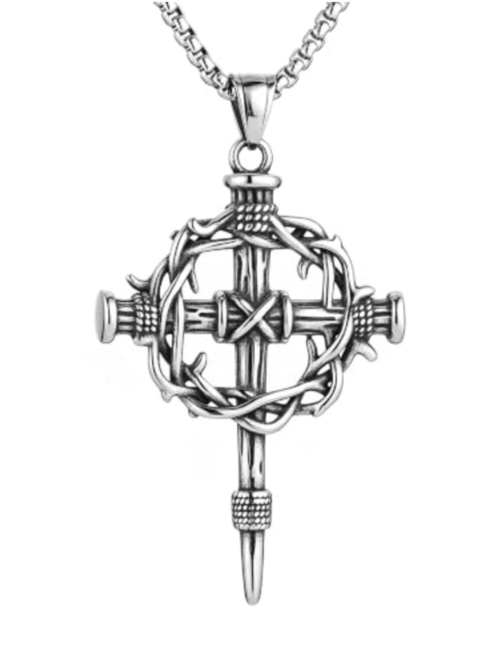 Stainless Steel Crown of Thorns Cross Necklace 22in Box Chain